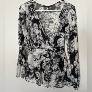 Karen Kane Vintage Y2K Sheer Floral Wrap Blouse Black White S Fairy Grunge